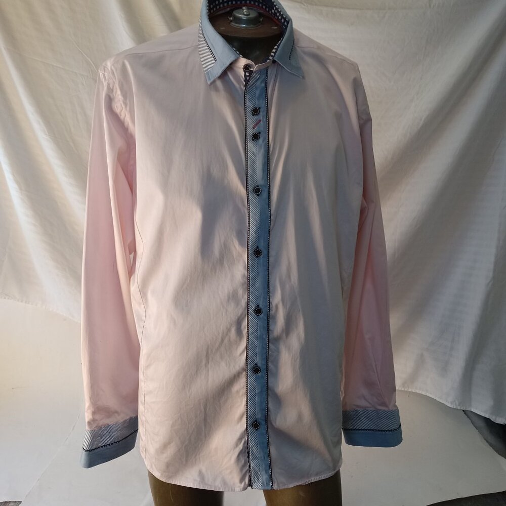 7 Downie St. Button Up Shirt Men's Sz 6 Flip Cuff Blue Long Sleeve London Pink